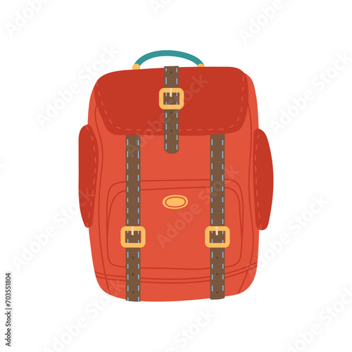 Red camping Backpack for travel, nikes, trips tourism, voyage or vacation isolated on white background. Flat vector illustration of traveler's luggage. Sports bag. Model with pockets and belts.