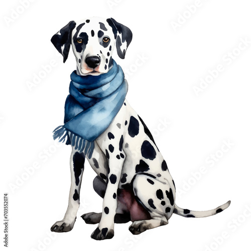 cute dalmatian dog wearing scarf, graphic resources with transparent background, animal watercolor drawing
