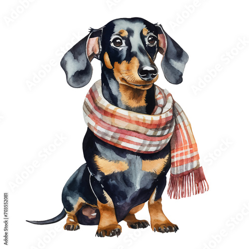 cute dachshund dog wearing scarf, graphic resources with transparent background, animal watercolor drawing