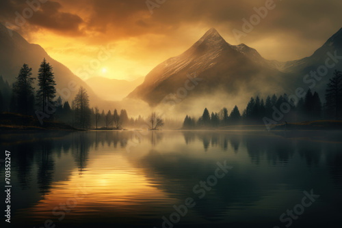 Misty Mountain Lake at Sunset, Ethereal Tranquility