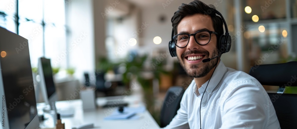 Male consultant in a professional office, smiling with a headset at a computer. Male consultant in a professional office, smiling with a headset at a computer.