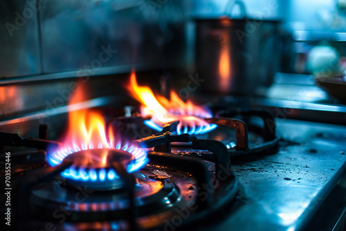 Two Burning Gas Burners on Kitchen Gas Stove with Flames Created with Generative AI Tools