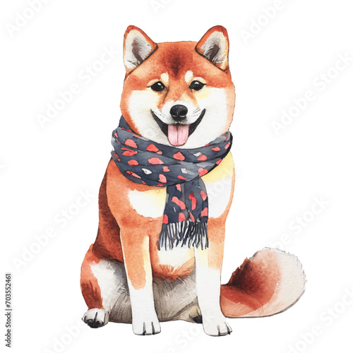 cute shiba inu dog wearing scarf, graphic resources with transparent background, animal watercolor drawing