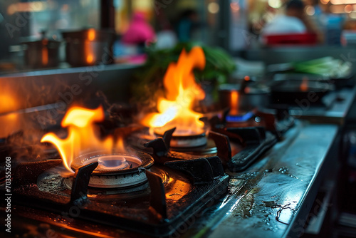 Two Burning Gas Burners on Kitchen Gas Stove with Flames Created with Generative AI Tools