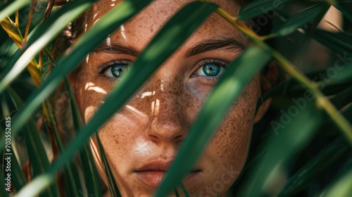 woman's face surrounded by tropical palm leaves, island background generative ai