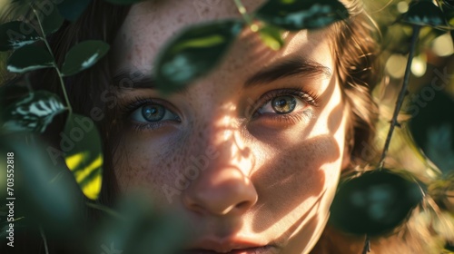 woman's face with gentle sunlight filtering through forest leaves, woodland background generative ai