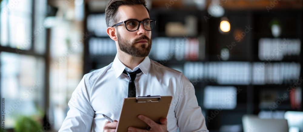 Fototapeta premium Male support agent with clipboard in office.