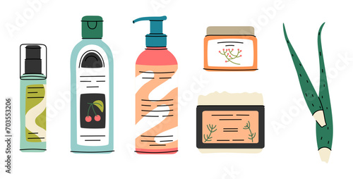Hand drawn various skin care illustration. Clay mask, serum, acne spot gel, moisturizer, lotion, toner.