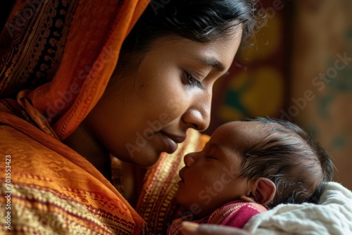 A moment of serene motherhood when the mother tenderly watches the sleeping newborn, radiating warmth and care.