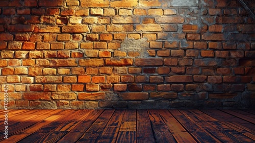 Brick wall with wooden floor and brick wall background