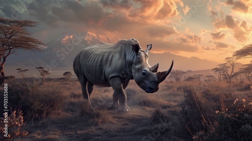 Witness the awe-inspiring sight of a majestic rhinoceros amidst a picturesque field  beautifully illuminated by the enchanting colors of a vibrant sunset  all on National Wildlife Day 2024.