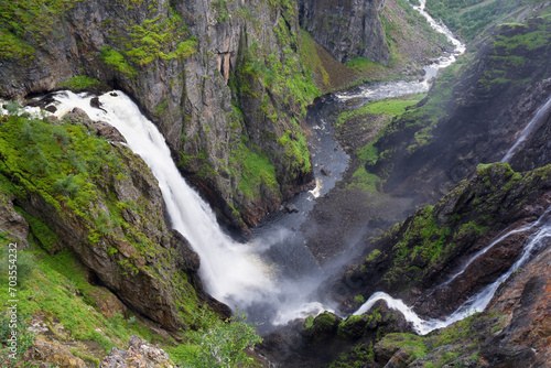 Voringsfossen waterfall at the top of the Mabodalen valley in the municipality of Eidfjord, Norway