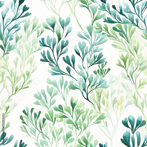 Seamless watercolor pattern with teal and green sea weeds on white background. Design for textile, wallpaper, wrapping paper, stationery. Poster for ocean-themed interior.