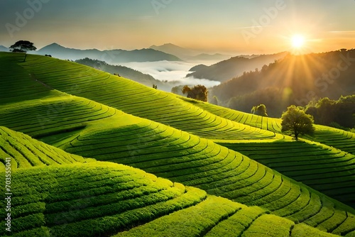 tea plantation at sunset