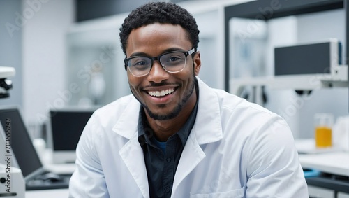Black male scientist with glasses smiling in a well-equipped laboratory with scientific instruments. photo