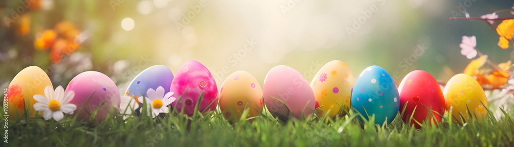 colorful Easter eggs in green grass and flowers over nature blurred bokeh background daylight, holiday Easter banner