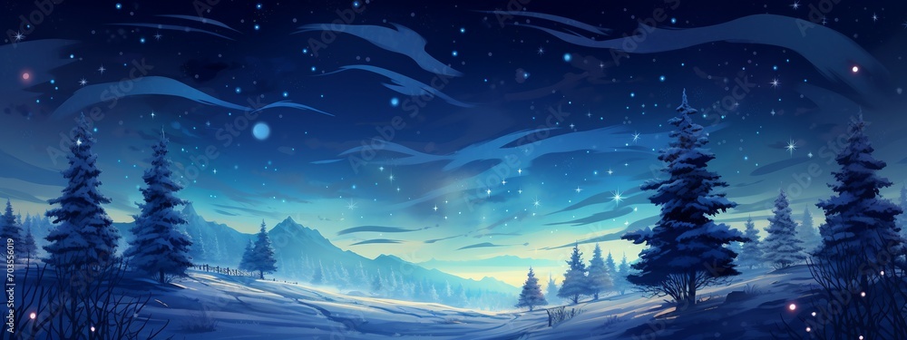 Winter forest landscape with snowy fir trees and blue sky with stars.