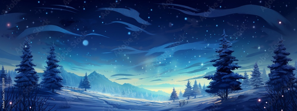 Winter forest landscape with snowy fir trees and blue sky with stars. Winter forest landscape with snowy fir trees and blue sky with stars.
