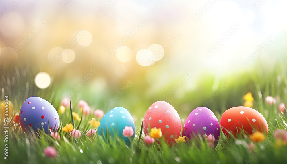 colorful Easter eggs in green grass and flowers over nature blurred bokeh background daylight