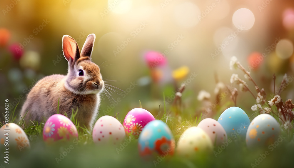 colorful Easter eggs and hare in green grass and flowers over nature blurred bokeh background daylight colorful Easter eggs and hare in green grass and flowers over nature blurred bokeh background daylight