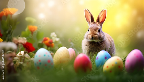 colorful Easter eggs and hare in green grass and flowers over nature blurred bokeh background daylight
