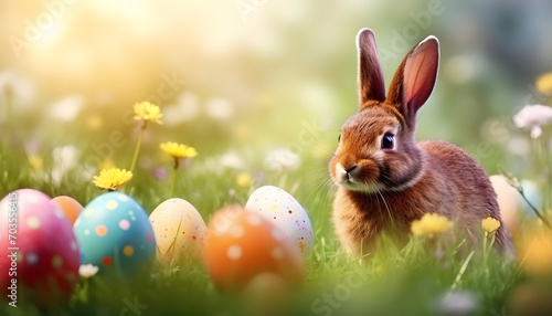 colorful Easter eggs and hare in green grass and flowers over nature blurred bokeh background daylight