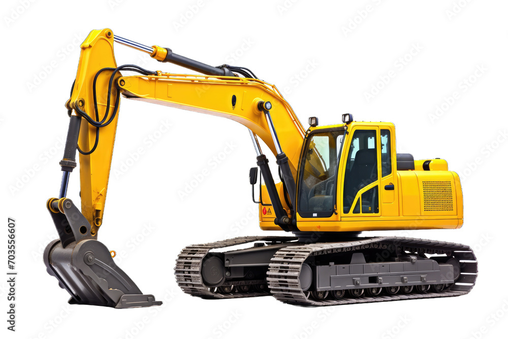 Small or mini yellow excavator isolated on white background. Construction equipment for earthworks in cramped conditions. Rental of construction equipment