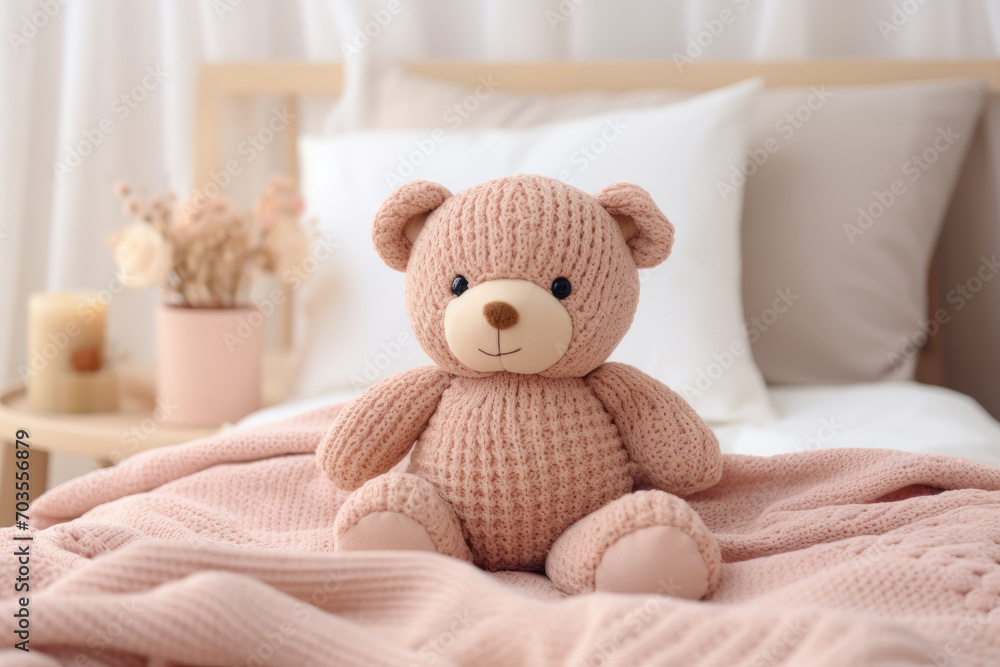 Teddy bear sitting on the bed