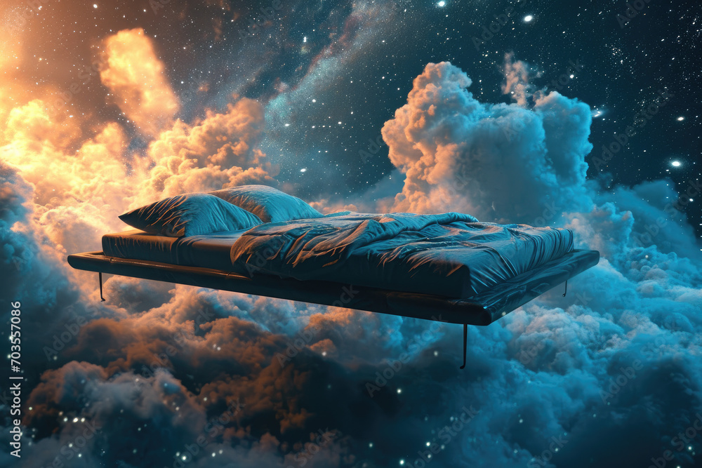Bed floating in space, dream concept - obrazy, fototapety, plakaty 