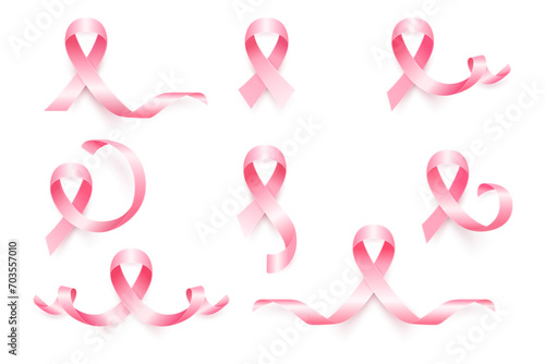Vector Realistic Pink Ribbon Set, Breast Cancer Awareness Symbol. Realistic Pink Ribbon Set for Breast Cancer Awareness. A Symbol of Hope, Strength, and Solidarity