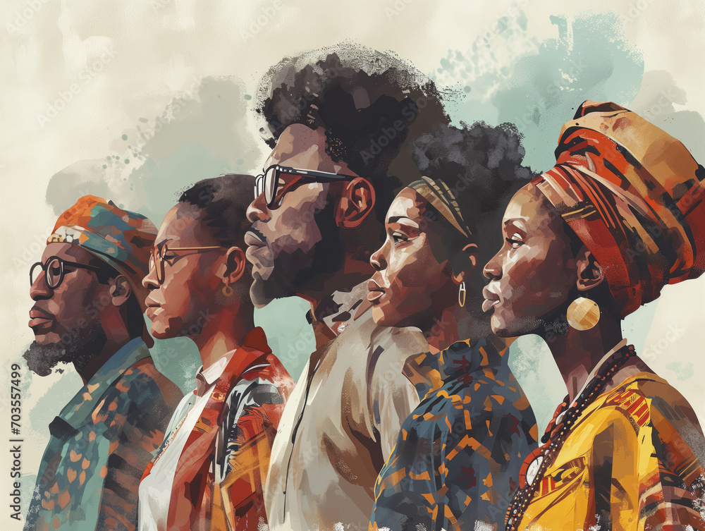 Black History Month colourful abstract illustration of Diverse representations of African-American across different fields - obrazy, fototapety, plakaty 