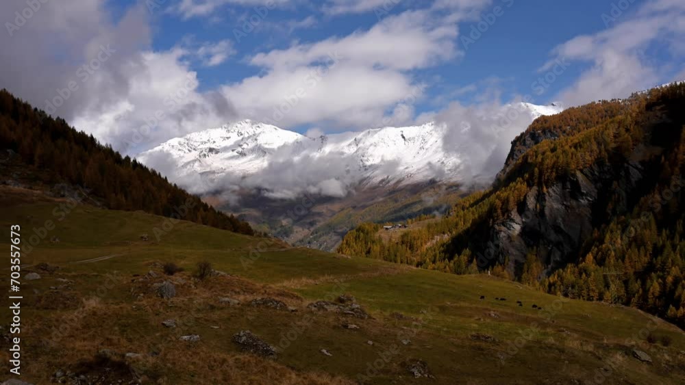 Landscape of the mountains, sky, forest and cows in autumn in Switzerland. Snowcapped mountain. Gouille, Evolene, Switzerland. Time lapse. Landscape of the mountains, sky, forest and cows in autumn in Switzerland. Snowcapped mountain. Gouille, Evolene, Switzerland. Time lapse.