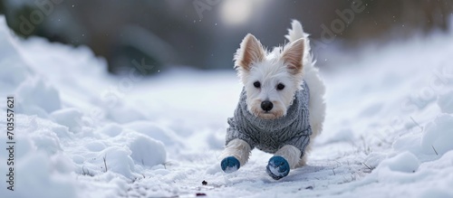 Cute white dog wearing gray sweater and blue shoes plays in snow with perked up ears.