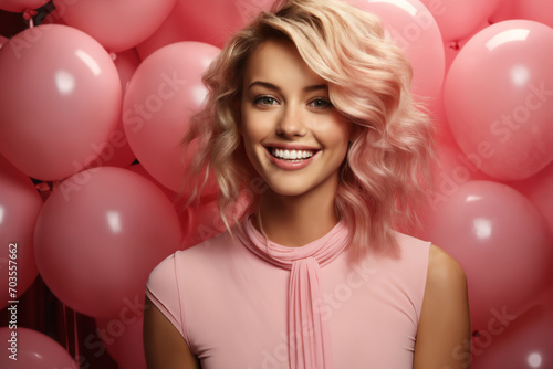 portrait of a girl in a pink dress on a festive background of pink balloons © soleg