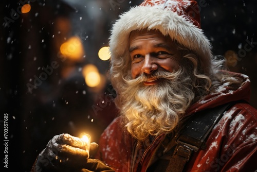 portrait of Santa on a city street in night, with candle, winter, snow