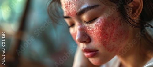 Asian woman with skin problem caused by cosmetic allergy seeks medical treatment for red rash on her face.