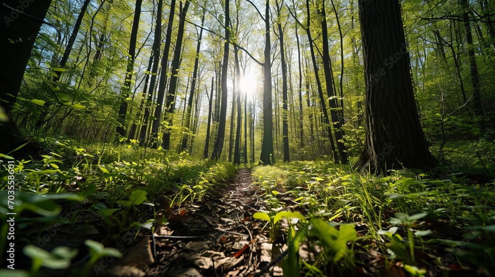 Obraz premium footpath in the green forest in the spring, summer, hiking, trekking
