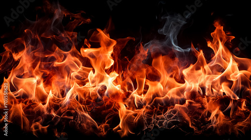 Fire flames isolated on black background. Realistic fire flames texture.