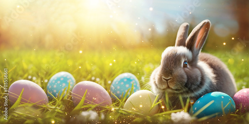 Fluffy rabbit and colorful Easter eggs on lawn on sunny day on nature background. Easter greeting card concept in trendy minimal style, banner, copy space. Use of artificial intelligence