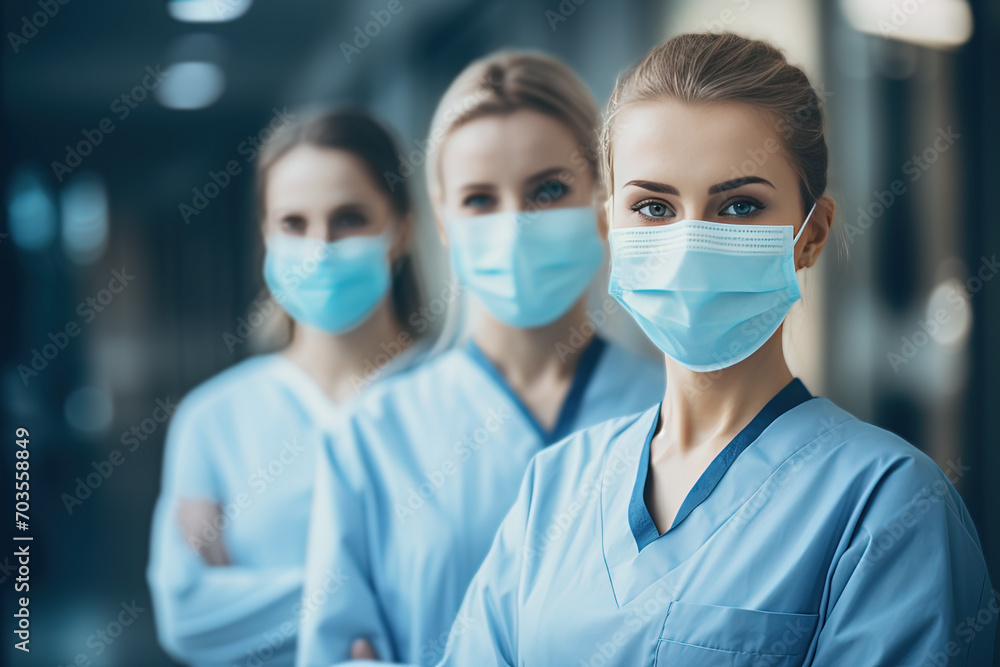 grupo de mujeres enfermeras portando mascarilla quirúrgica, sobre fondo desenfocado de pasillo de hospital grupo de mujeres enfermeras portando mascarilla quirúrgica, sobre fondo desenfocado de pasillo de hospital