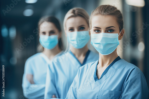 grupo de mujeres enfermeras portando mascarilla quirúrgica,  sobre fondo desenfocado de pasillo de hospital