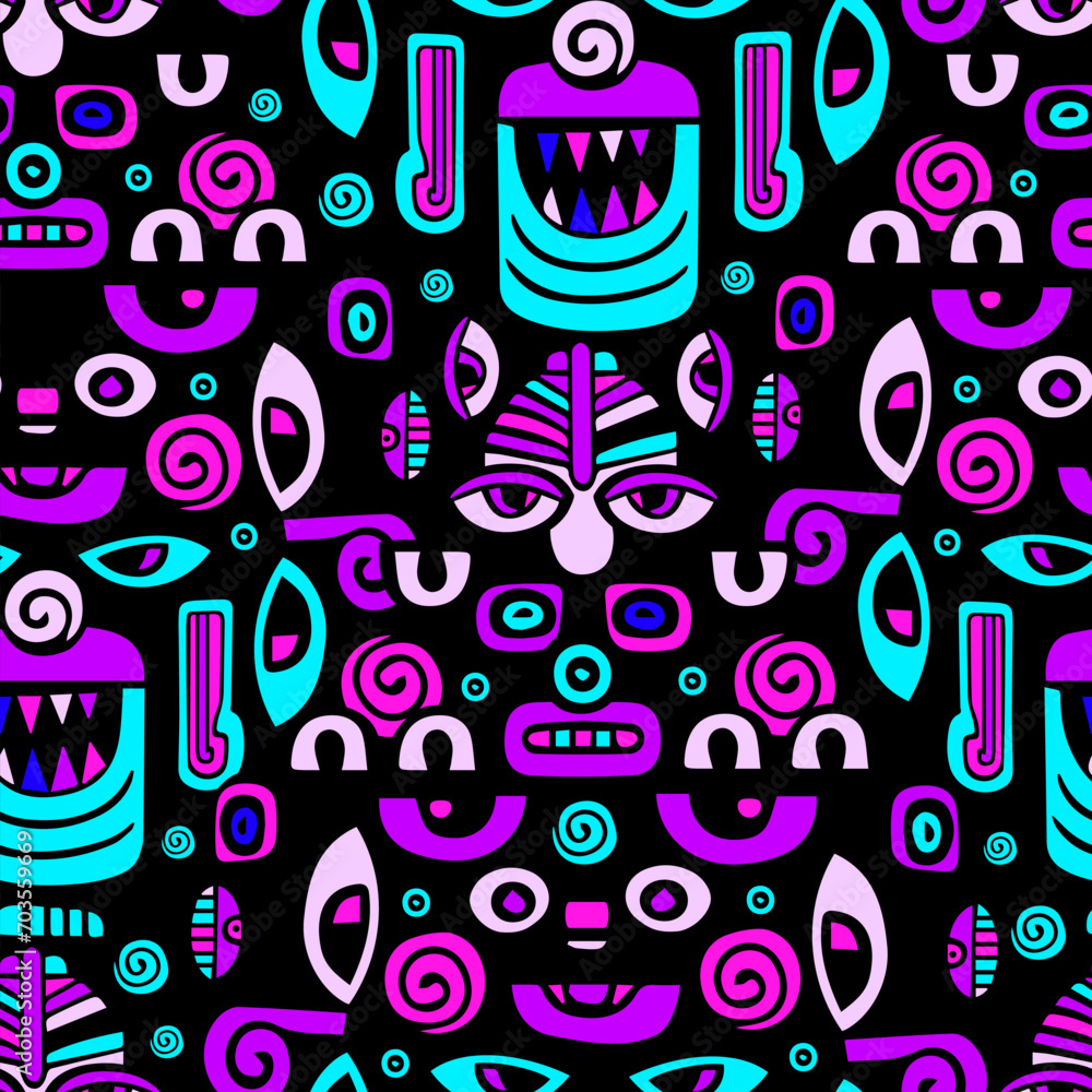 Abstract graphic colored faces seamless pattern. Ancient Inca mask. hand drawing. Not AI . Vector illustration