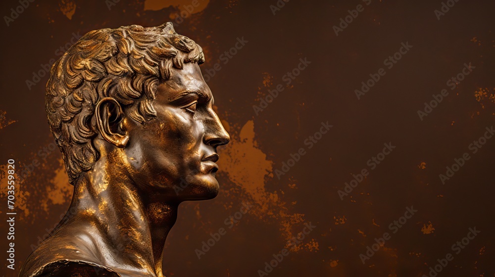 Bronze antique statue of male head on a dark brown textured background. Ideal for contemporary art projects. Banner with copy space