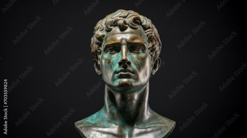 Bronze antique statue of a male head on a dark background. Perfect for cultural and artistic representation. Bronze antique statue of a male head on a dark background. Perfect for cultural and artistic representation.
