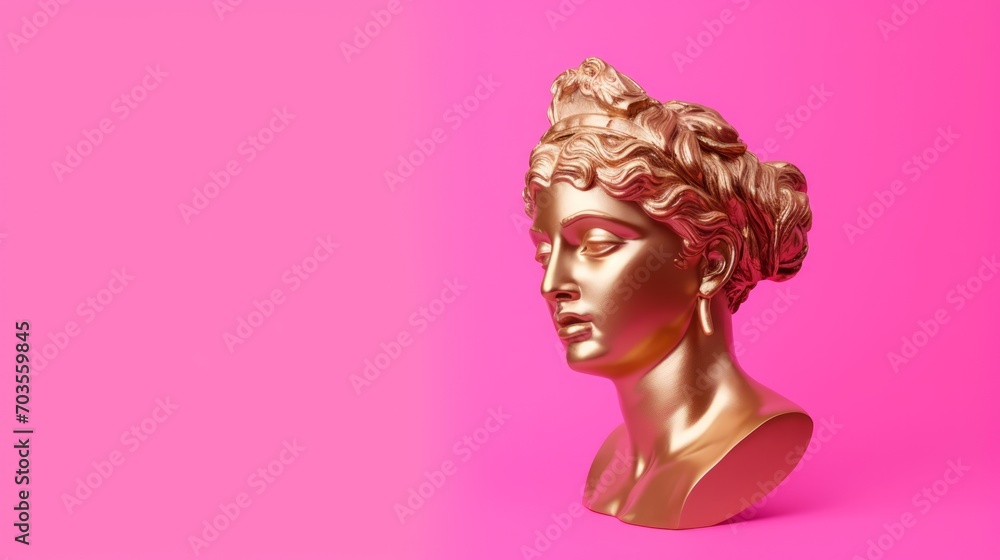 Gold antique statue of a female head on a pink solid background, perfect for use in artistic or abstract visual content. Banner with copy space