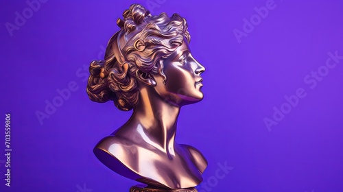 Antique bronze sculpture of a female figure against a vibrant purple backdrop, perfect for cultural and artistic representation.