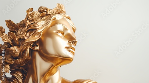 Gold antique statue of a female head on a light solid background. Ideal for contemporary art projects. Banner with copy space photo
