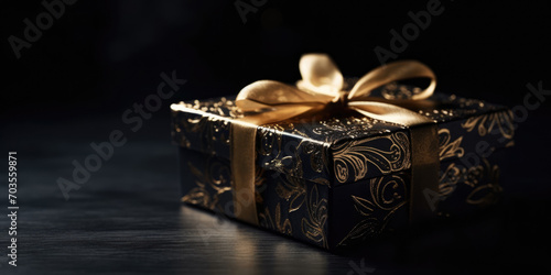 Black Gift with Golden pattern box with gold bow on black background, copy space. Holiday concept. Beautiful Background for greeting card for Birthday, Anniversary, Father's day, Christmas, XMas © maxa0109