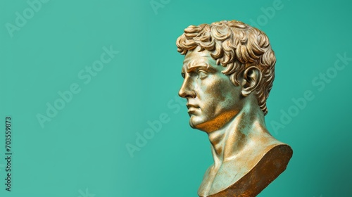 Gold antique statue of a male head on a light emerald green solid background. Ideal for contemporary art projects. Banner with copy space