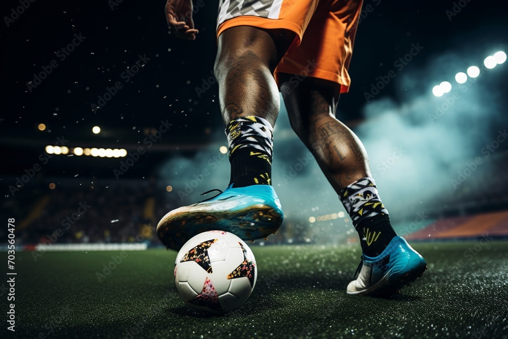 A skilled soccer star deftly maneuvers past defenders, showcasing the latest campaign slogan on his dynamic sportswear boots in this action-packed moment